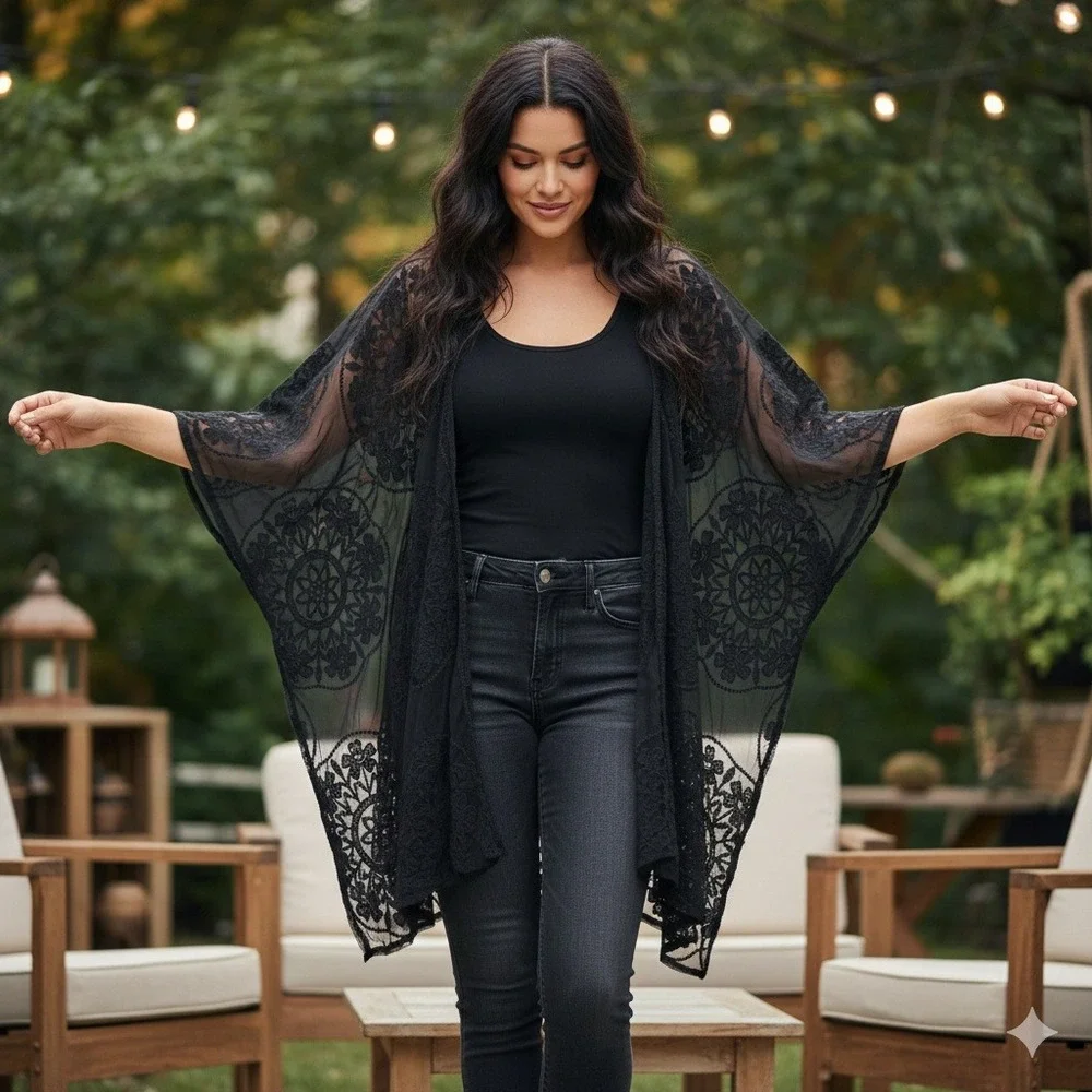 Maurices Womens One Size Black Sheer Lace‎ Open Front Kimono Cardigan Gothic - Picture 2 of 9